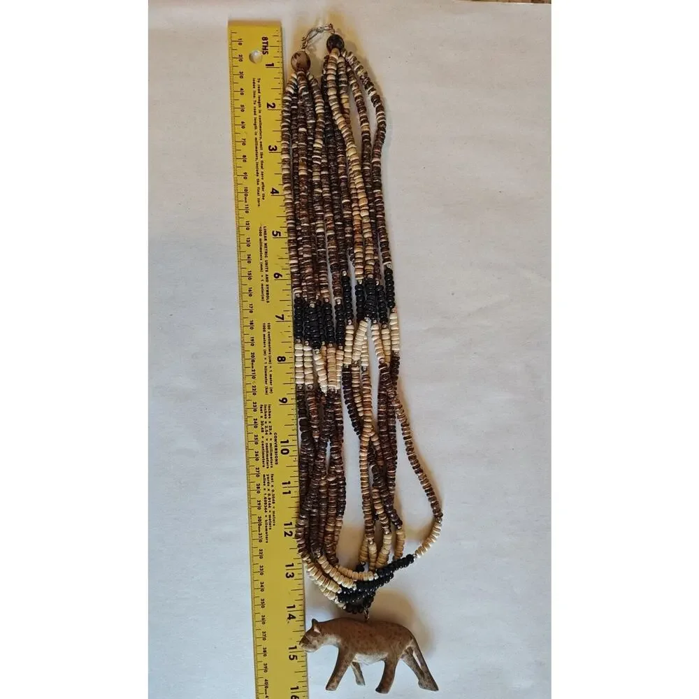 Vintage‎ Wooden Beaded Necklace Cheetah Pendant Hand Carved 14